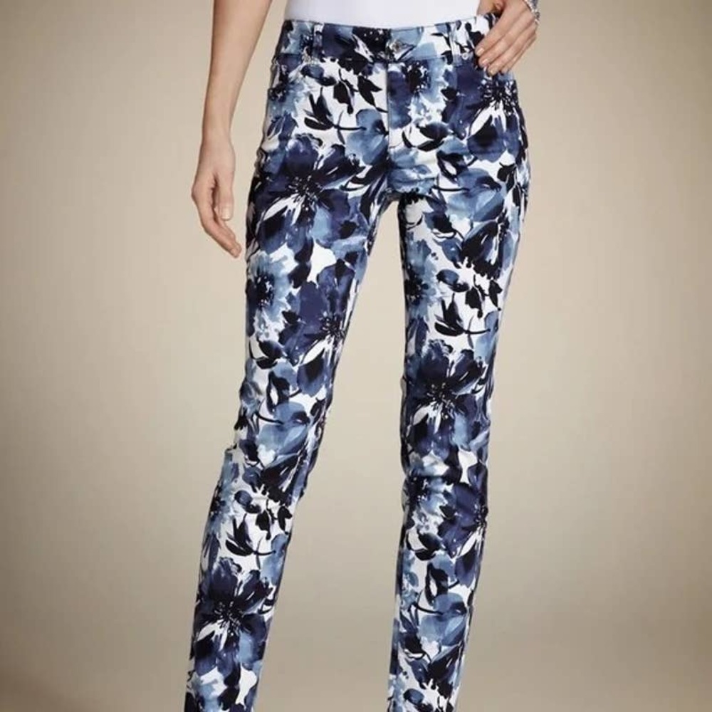 Chico's Platinum Demin Straight Leg Jeans Floral Print Navy Blue White Size 16